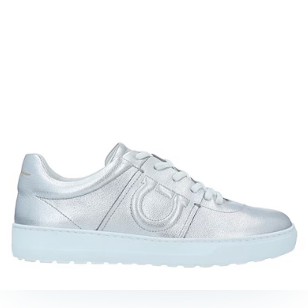 SALVATORE FERRAGAMO Quilted Logo Metallic silver Leather Runners size 10 - Picture 2 of 12
